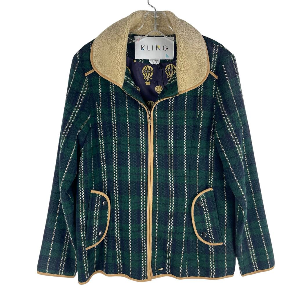 Kling Tartan Plaid Wool Blend Zip Jacket Coat Sherpa Collar Green Size S